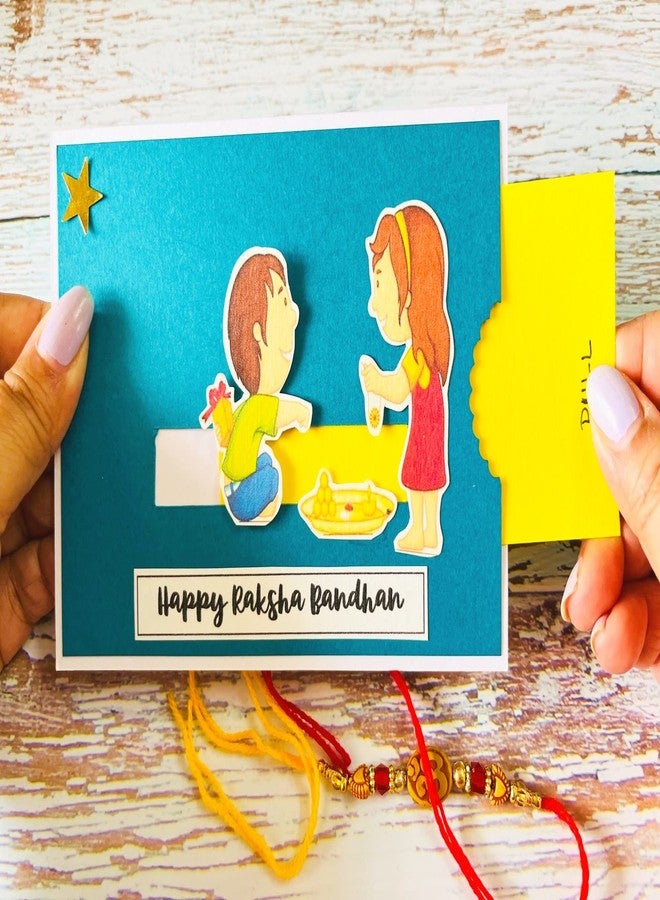 Crafted Forever Rakhi slider greeting- brother & sister rakhi tying, 4x6 inch size, blank inside, includes rakhi and envelope, slider card - Image 1